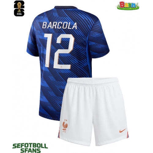 Frankrike Bradley Barcola #12 Hemmaställ Barn VM 2026 Kortärmad (+ Korta byxor)
